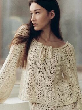 Pull & Bear Cream Crochet Knit Sweater Large‎ | Off Shoulder Tie Neck Boho Top
